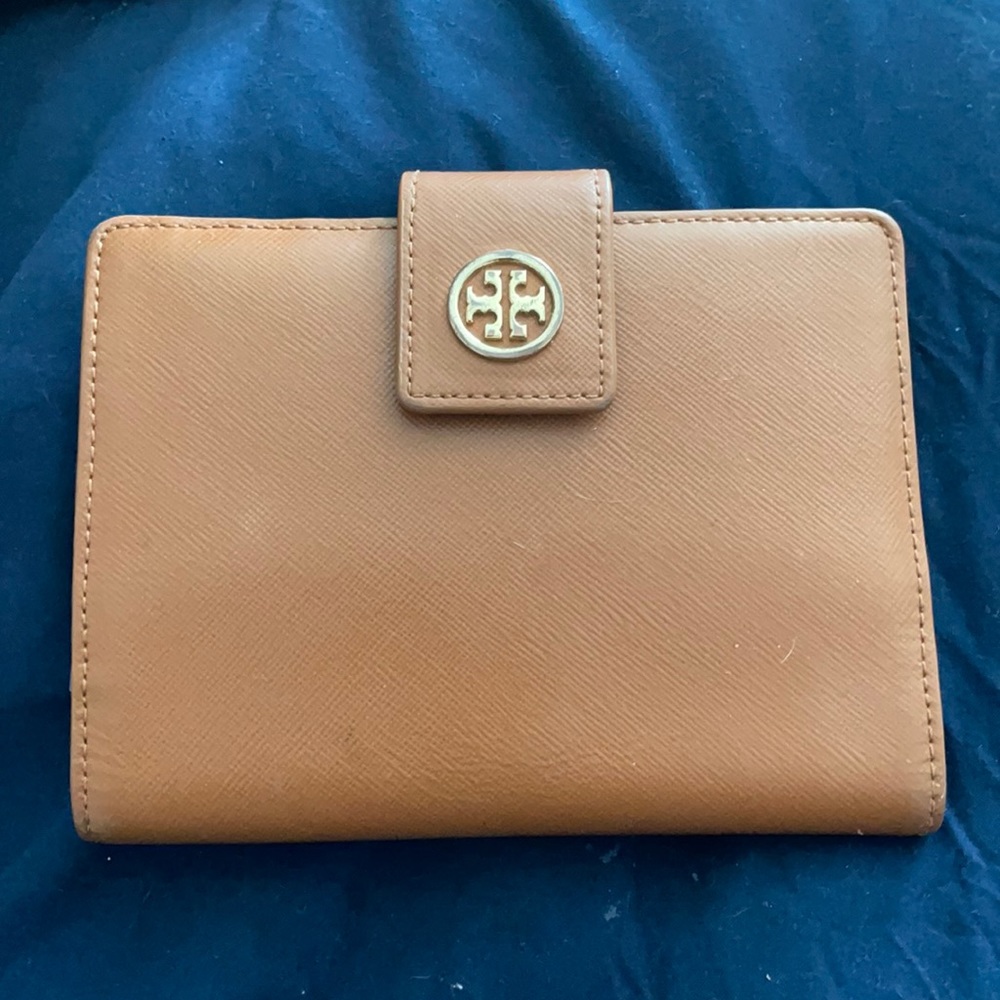 Tory Burch tan leather wallet w passport holder pocket